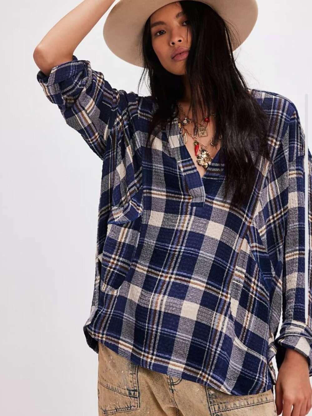 We The Free By The Shore Plaid Shirt Oversized Navy size small